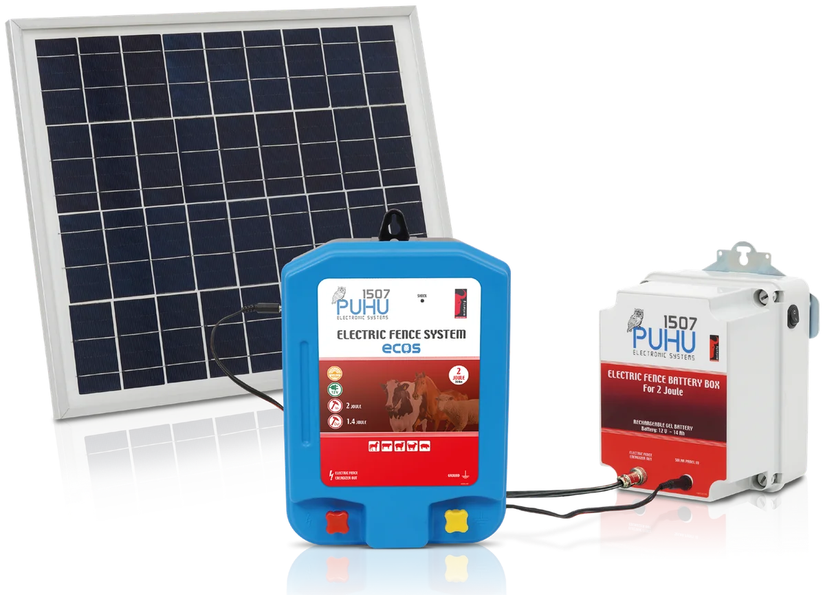Set električnog pastira PUHU ECOS 2 J (solarni panel 20 W + gel akumulator 12 V / 14 Ah)